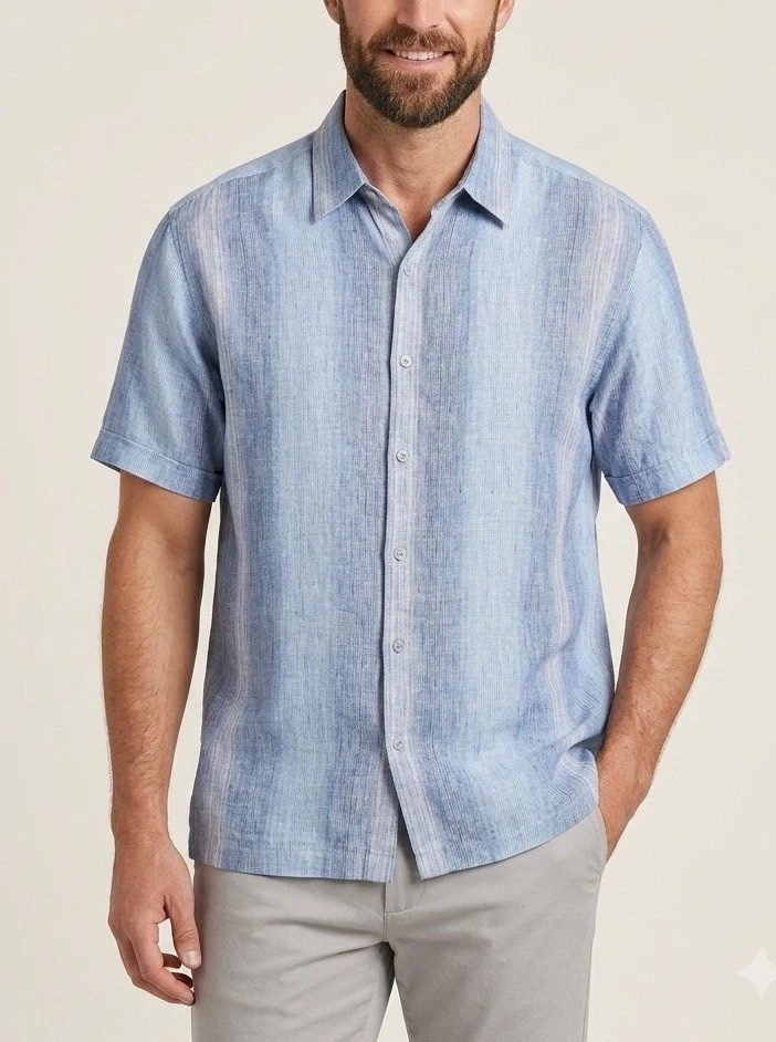 NEW Cubavera Men's Short Sleeve Button-Up Shirt Large 100% Linen Blue Stripe
