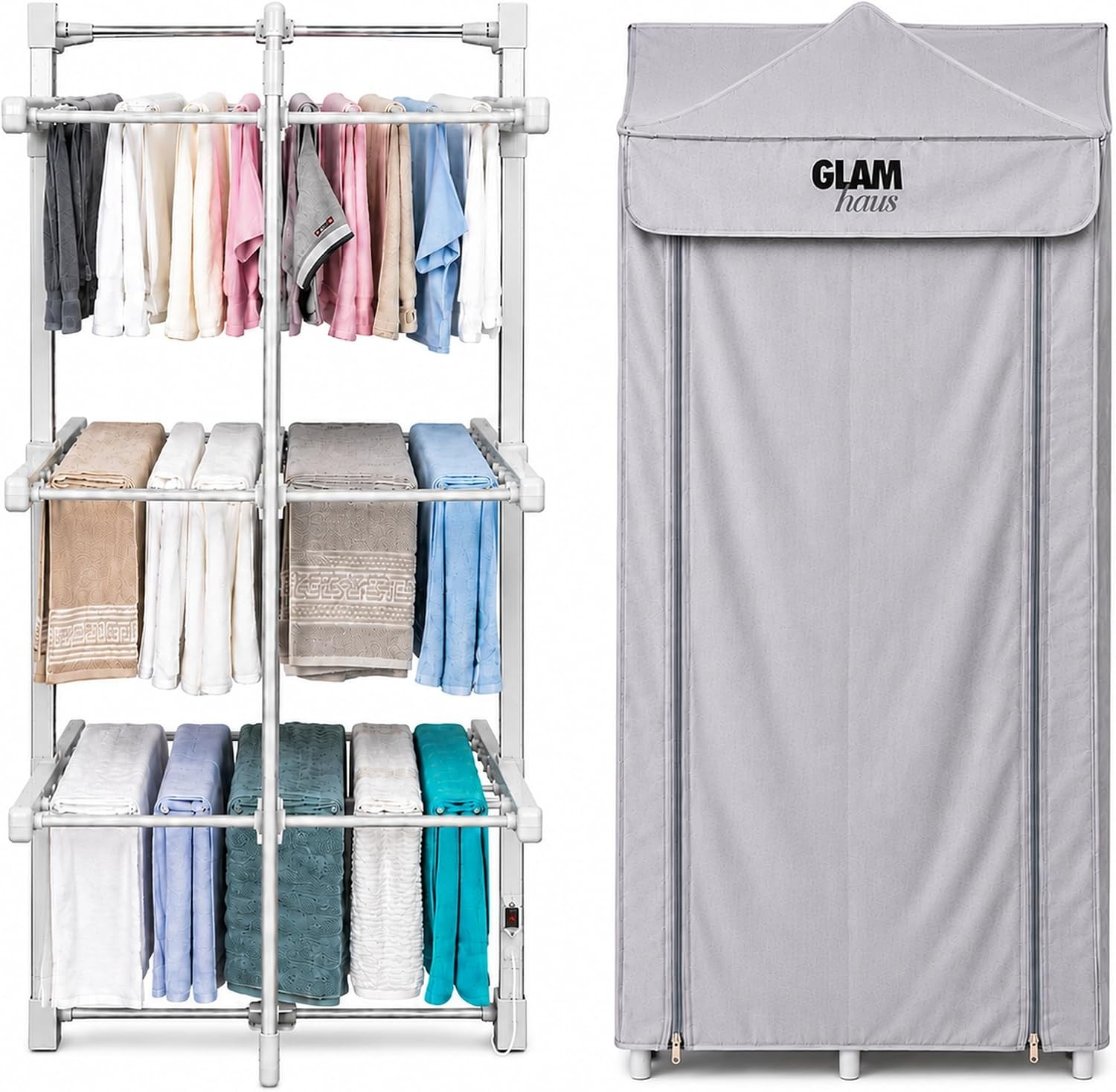 GlamHaus Electric Heated Clothes Airer Dryer Rack Aluminium with Cover Indoor - Folds Flat for Easy Storage - 3 Tier Design - Only 220W - Image 2