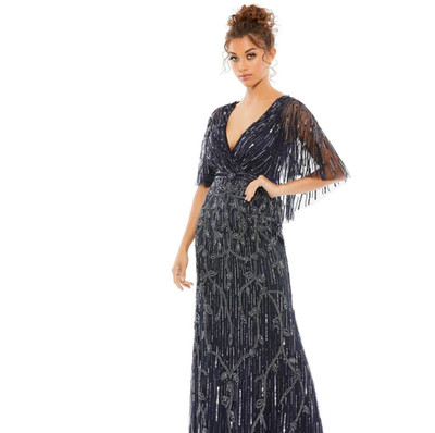 Mac Duggal Navy Embellished Cap Sleeve Faux Wrap Trumpet Gown Dress Size 14 NWT