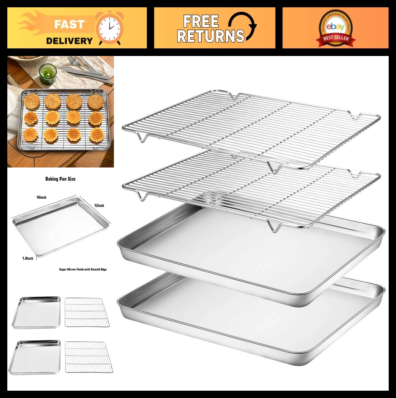 Stainless Steel Baking Sheet & Rack Set - 2 Cookie Pans + 2 Cooling Racks, Non-T