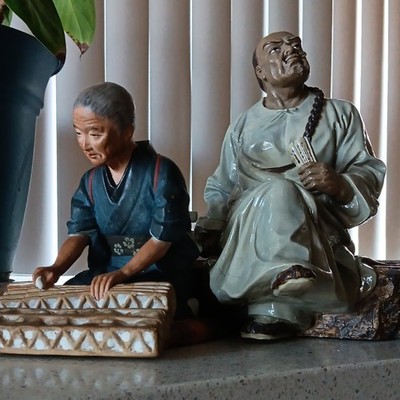 Chinese Style Figurine Statue with Two Figures & Calligraphy Characters Base
