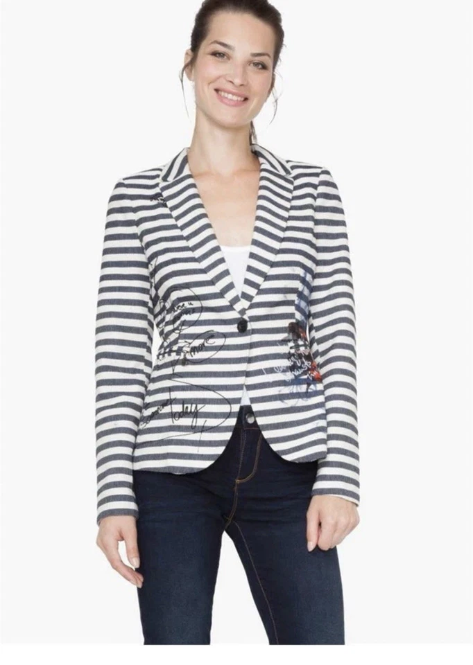 Chaqueta BLAZER 42 M NUEVA SIN ETIQUETAS DESIGUAL Algodón FLORAL Arte para Usar Estampado Firmado RAYAS Foto 3 de 4