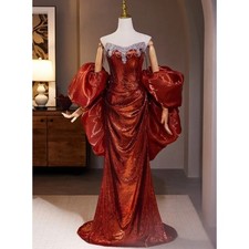 Burgundy Red Mermaid Sequined Beaded Ball Gown with Detachable Cape EveningDress