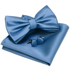 Mens Solid Color Double Fold Pre-Tied Bow Tie Pocket Square Cufflink Set