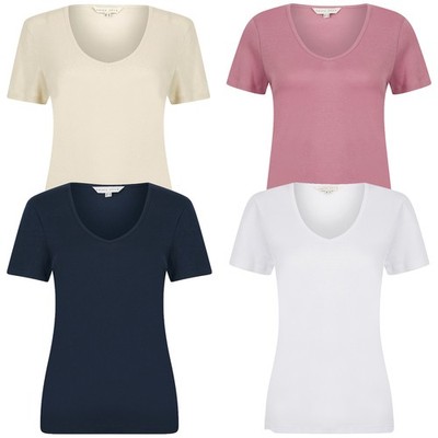 Damen 100 % Baumwolle T-Shirt U-Ausschnitt tief geschnitten uni leicht Sommer Tee Top