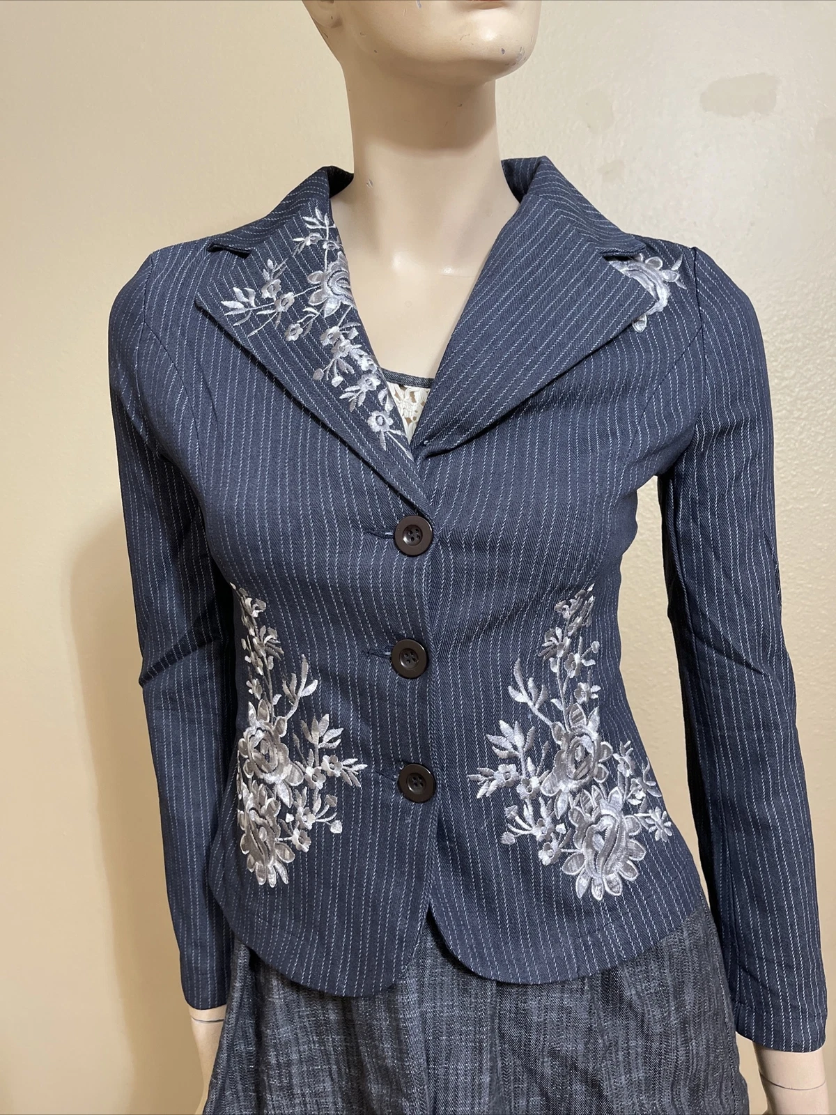 Women’s Grey Striped Cotton Casual Classic Collar Embroidered Size S Jacket Top