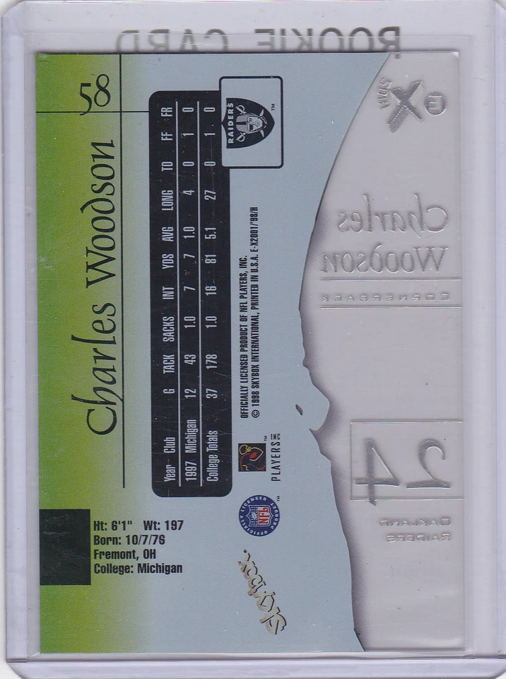 CHARLES WOODSON ROOKIE CARD Oakland Raiders Football 1998 Skybox EX 2001 NFL RC - Image 2 of 2
