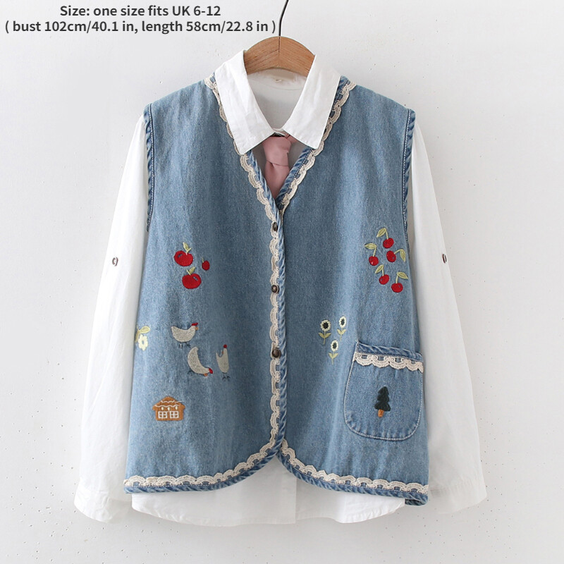 Denim Embroidered Waistcoat Womens Lady Denim Waistcoat Vest