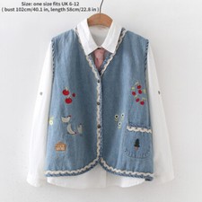 Femme Jeans Gilet Débardeur Broderie Dentelle Haut Japonais Preppie sans Manche