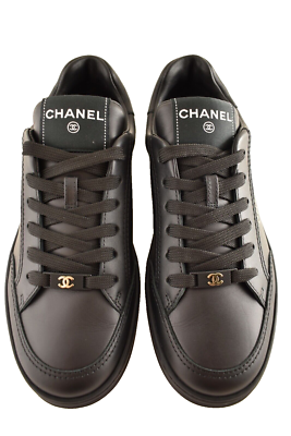 Chanel 23A Black Calfskin Leather Gold CC Logo Flat Runner Trainer
