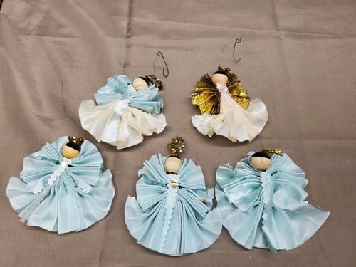 5 Vintage Germany Wooden Angel Christmas Ornament Handmade 5 Fabric Blue & White - Picture 8 of 9