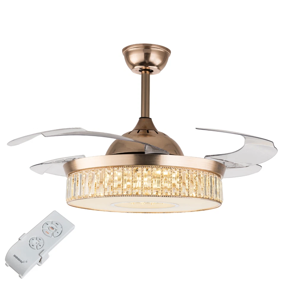 42" Ceiling Fan Light 3-Color Crystal LED Invisible Gold Chandelier Lamp +Remote - Image 3 of 4