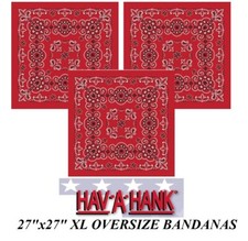 3-XL Hav-A-Hank BIG SIZED RED PAISLEY 27" Cotton BANDANA Wrap FACE Mask Scarf