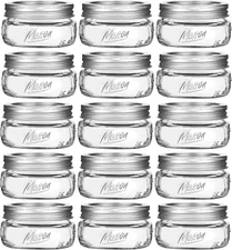 16 Pack Mason Jars 8 Oz - Wide Mouth Mason Jars with Silver Metal Airtight Lids 