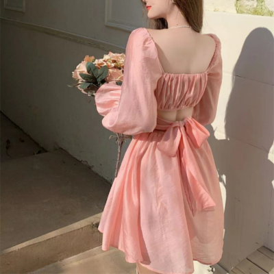 Pink Sweet Princess Dress Women Casual Korean Slim Fairy Dress Backless  Dress | eBay