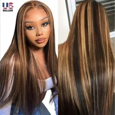 Women Fashion Ombre Brown Human Hair Wigs Brazilian Full Long Straight Front USA