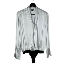 PAIGE Saffron Grey Satin Long Sleeve V Neck Surplice Thong Bodysuit Small