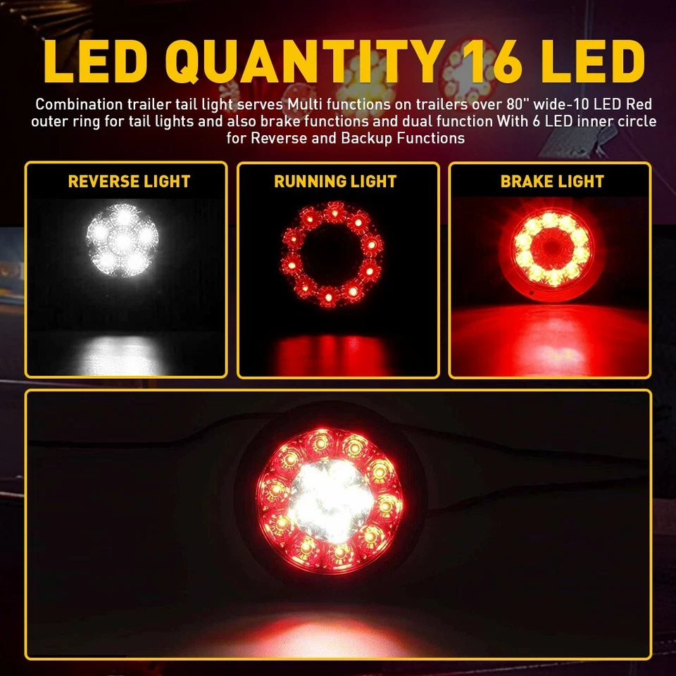 Luces traseras redondas de señal de giro de parada de freno para remolque de camión 16 LED blancas rojas de 4 pulgadas Foto 3 de 4
