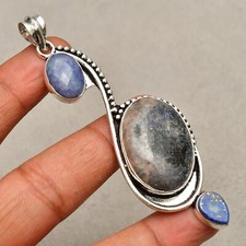 Sodalite Gemstone 925 Sterling Silver Handmade Jewelry Pendant 3.15"