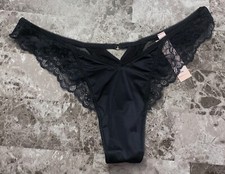 VICTORIA'S SECRET M NAVY BLUE SATIN SMOOTH LACE GOLD RING HIGH LEG THONG PANTIES