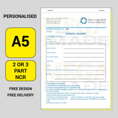 HANDY REPARATUR RECHNUNG / QUITTUNG, PERSONALISIERT BEDRUCKT NCR, A5 GRÖßE