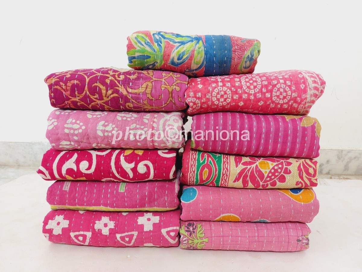 Indian Handmade Kantha Quilt Pink Throw Reversible pc Bedspread Vintage  Cotton