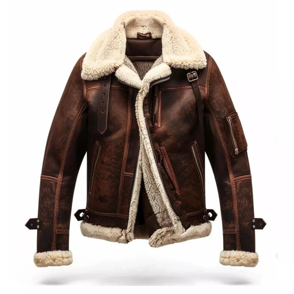Men' Aviator Pilot B3 Real Shearling Sheepskin Leather Bomber Jacket Flying Coat - Image 2 of 4