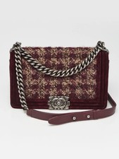 Chanel Dark Red Velvet and Quilted Plaid Tweed Paris-Edinburgh Medium Boy Bag