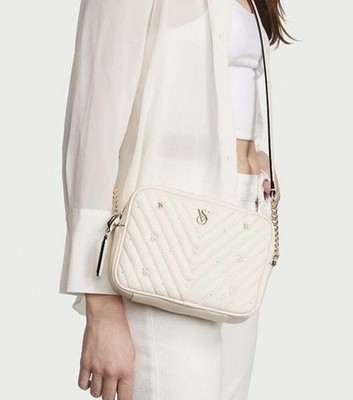 Victoria s Secret Ivory Quilted Chevron Camera Crossbody Bag Gold Studded