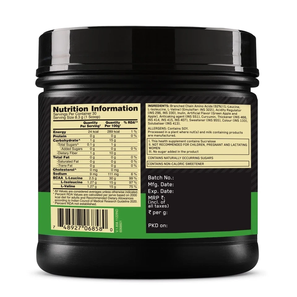 Optimum Nutrition BCAA, 5 g de BCAA en proporción 2:1:1, 30 porciones (250 g, manzana verde) Foto 4 de 4