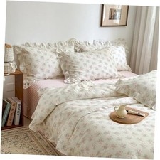 Pink Floral Duvet Cover Set Queen 90" x 90" B1  Ruffle Lace - Pink Floral
