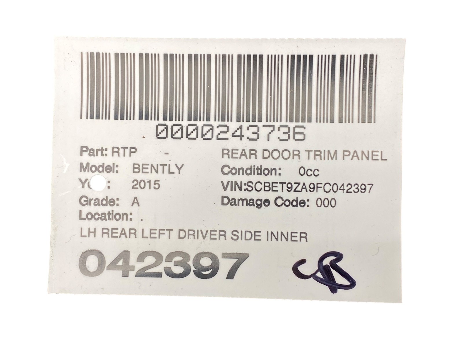 2013-2019 BENTLEY FLYING SPUR 4W 223B REAR LEFT INNER DOOR PANEL | BELUGA (TR01)