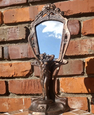 Art Deco Nude Woman Figural Bronzed Mirror Cast Iron Art Nouveau Boudoir Decor