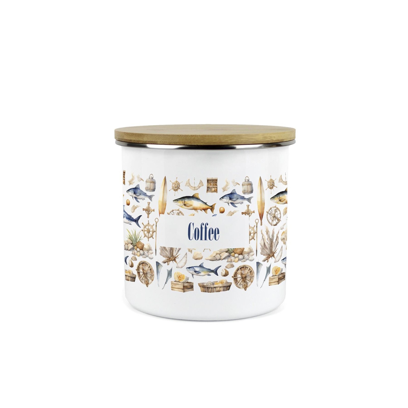 Seaside Maritime Coffee Canister - Coastal Enamel Kitchen Storage Jar Gift
