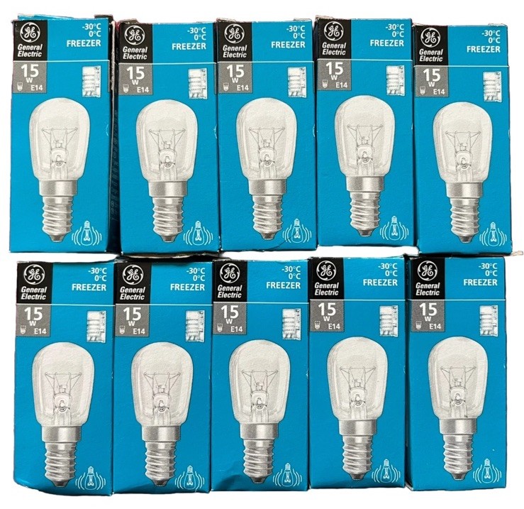 10 PACK OF GENERAL ELECTRIC FRIDGE FREEZER LIGHT BULBS 15W PYGMY E14 -30DC NEW