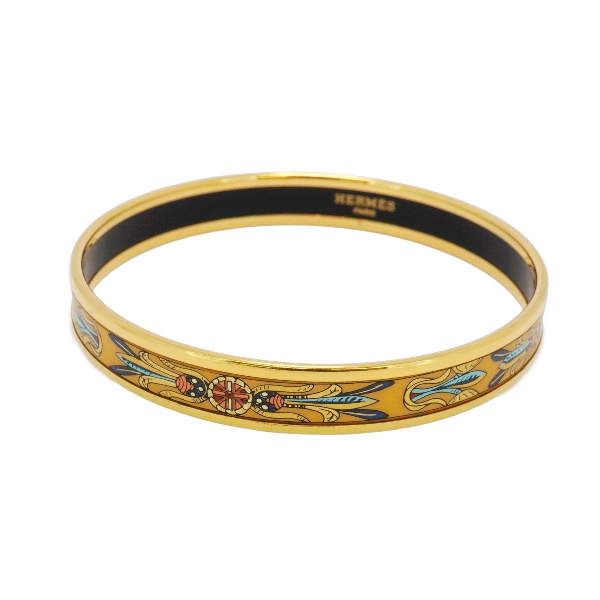 Hermes Enamel Gold Plated Cloisonne Bangle Black Multicolor PM GP-image
