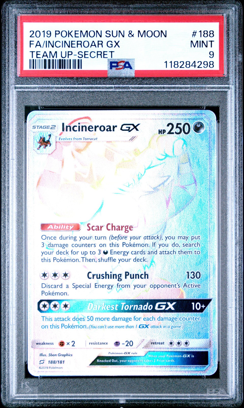 2019 POKEMON TEAM UP INCINEROAR GX #188 SECRET RARE PSA 9 MINT #118284298