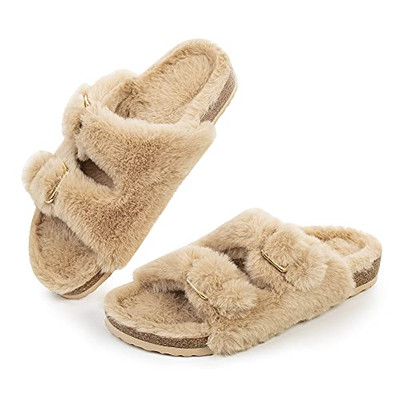 Womens Open Toe Slipper with Cozy Lining,Faux Rabbit Fur Cork