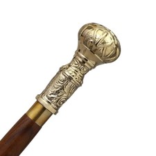 Vintage Brass Engraved Head Walking Stick Victorian Wooden Cane Gentleman Gift