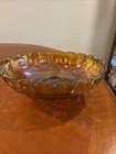 VTG Indiana Iridescent Carnival Glass Fruit Bowl Oval Harvest Grape Amber Footed