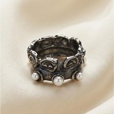 Vintage Antiqued Sterling Silver 3 Pearl Floral Statement Ring SIZE 7