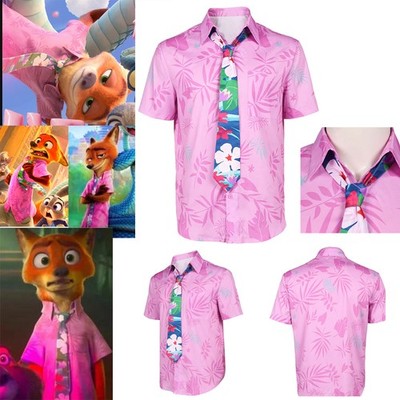 Zootopia 2 Nick Wilde Cosplay Costume Pink Shirt Tie Tops T-shirts Halloween Men