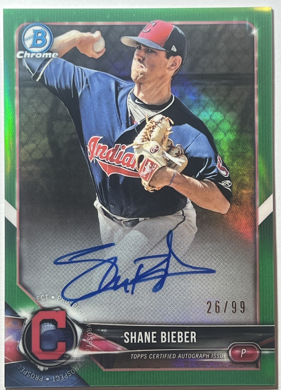 2018 Bowman Chrome Shane Bieber #BCPA-SB Green Refractor/99 RC Auto Cleveland