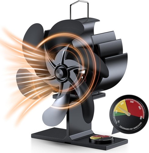 Ventilatore Stufa a Legna, Ventilatore Bruciatore a Legna 6 Pale Ali Alimentato a Calore con Promemoria Temp, Silenzioso - Foto 1 di 5