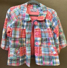Life Style Petite Wm. Ps Patchwork Plaid Short Swing Jacket Top 4 Bttn Dwn 2 Pkt