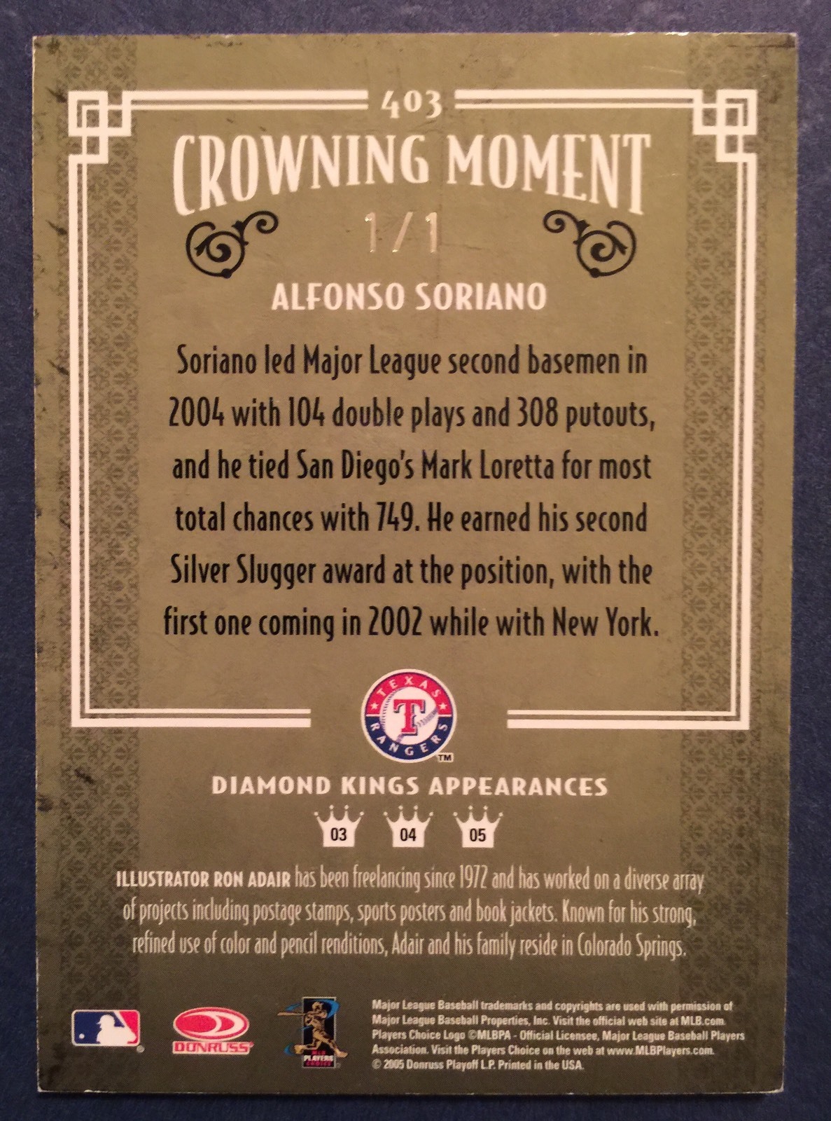 2005 DONRUSS ALFONSO SORIANO DIAMOND KINGS AUTO 1/1 #403 RANGERS CUBS YANKEES view 2