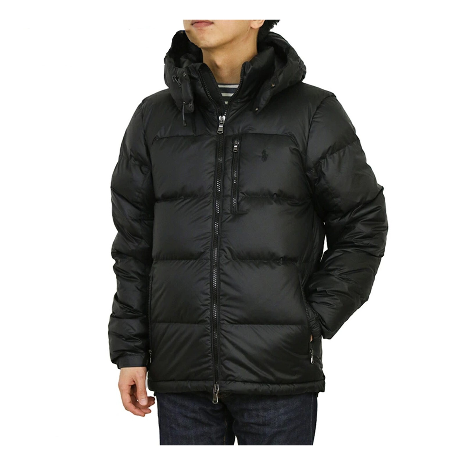PONY Polo Ralph Lauren cappotto giacca piumino con cappuccio grande e alto con frangia nero