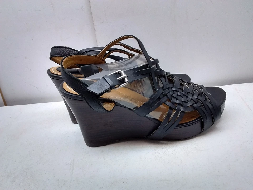 Fossil Women Black Leather Slingback Platform Wedges Open Toe Sandal Shoes 7M 37 - Image 2 of 4