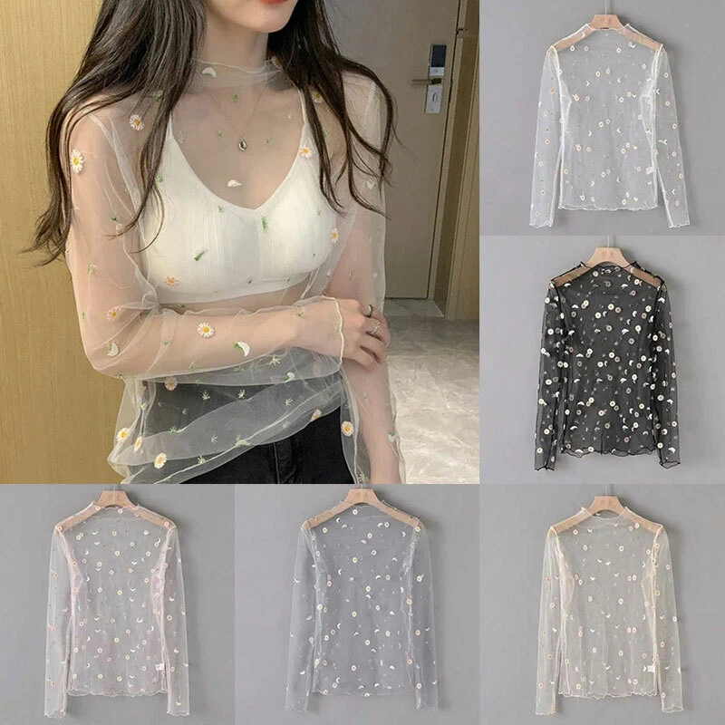 Women Sheer Mesh Top Ladies Long Sleeve See through Turtleneck Daisy T Shirt Tee