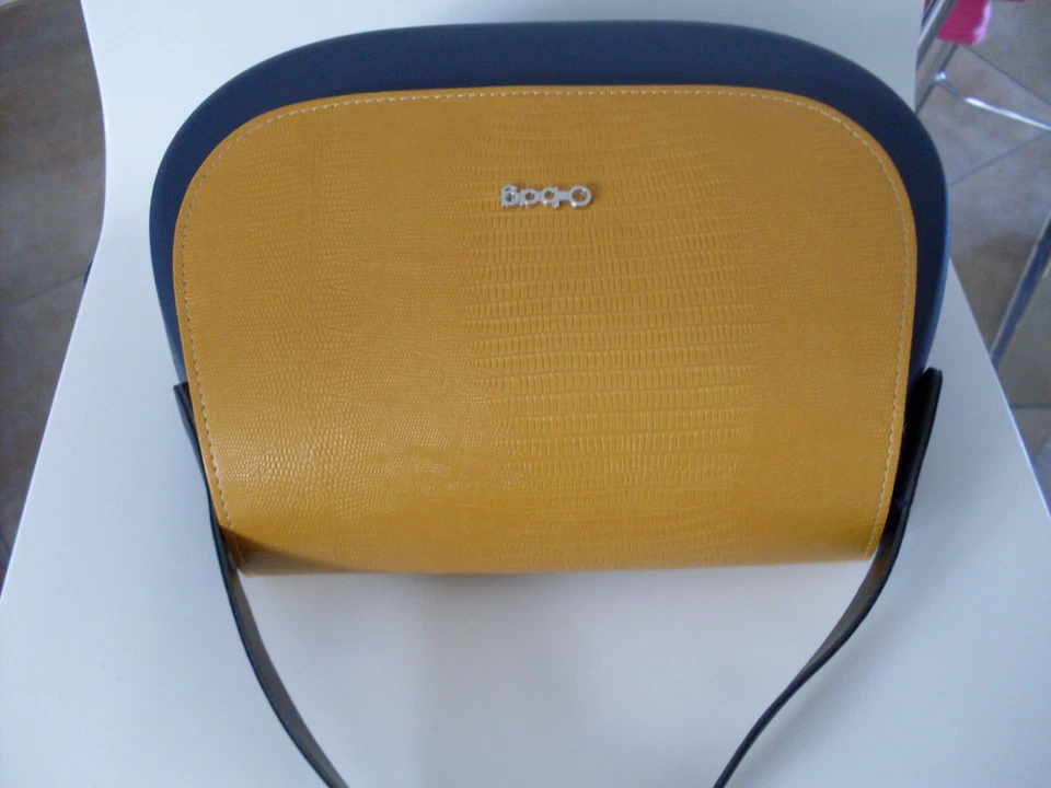 "O-BAG" BELLISSIMA BORSA A MANO DONNA BLU E SENAPE (INSERTO IN PELLE) NUOVA ! - Immagine 2 di 2